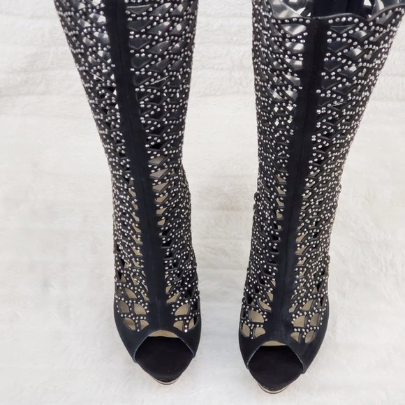 Fantasia Cutout Genuine Suede Rhinestone Boot 6" Heel Knee Boots - Picture 4 of 12
